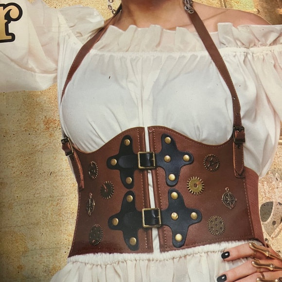 WAIST CINCHER BELT, BROWN & BLACK VEGAN LEATHER WITH BRASS EMBELLISHMENTS NWOT - Picture 1 of 5